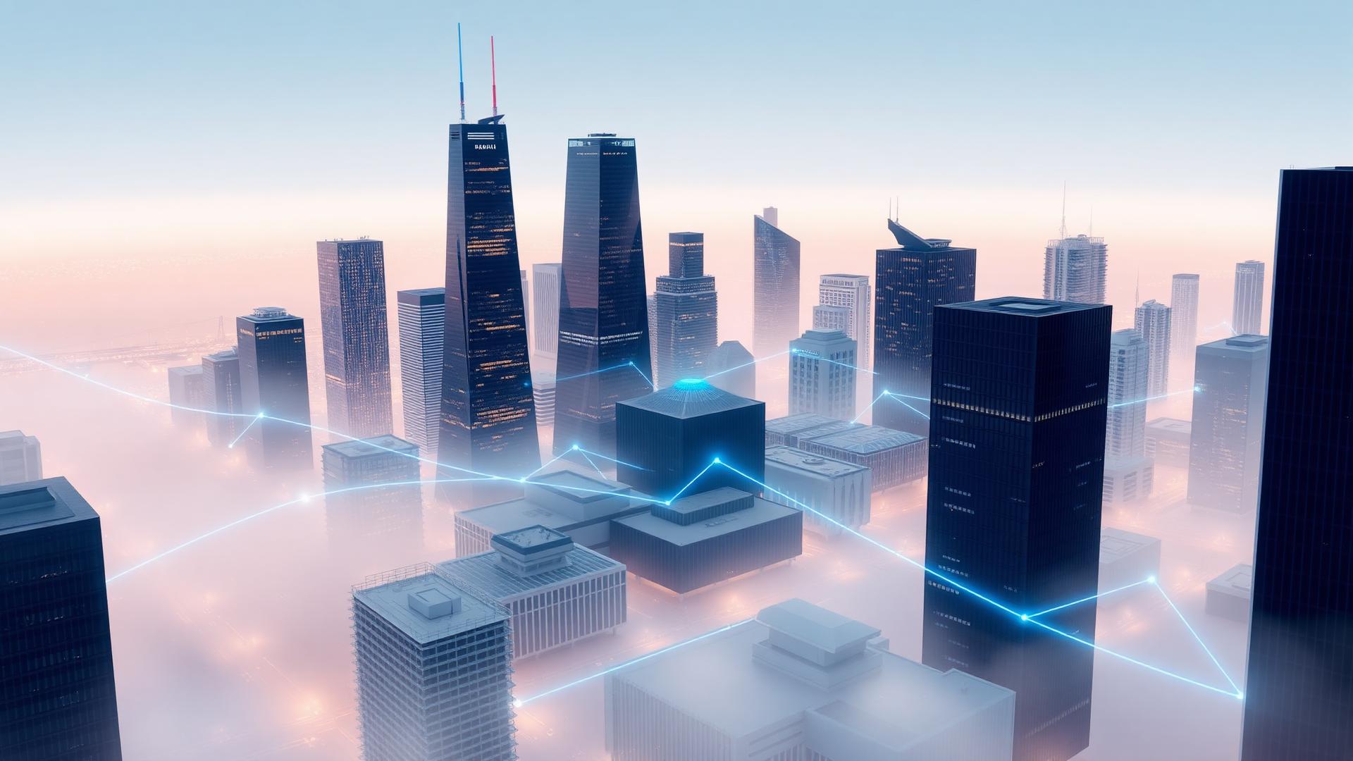 Aerial view of a modern city skyline connected by data signal lines